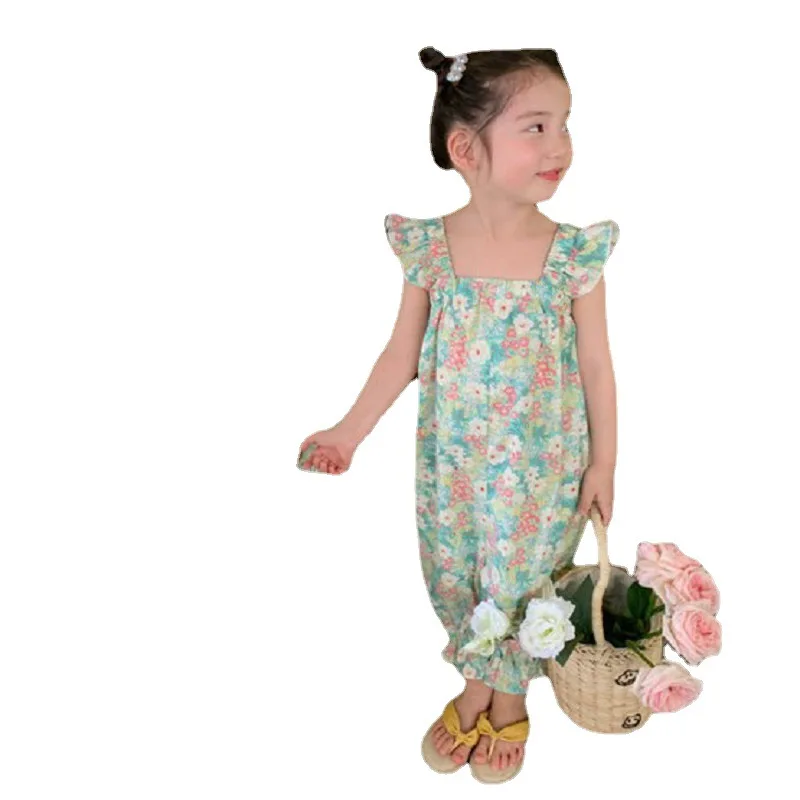 Overalls für Mädchen, fliegende Ärmel, Blumen, Overalls, All-in-One-Hosen, 23 Frühling und Sommer, neue Kinder kleidung