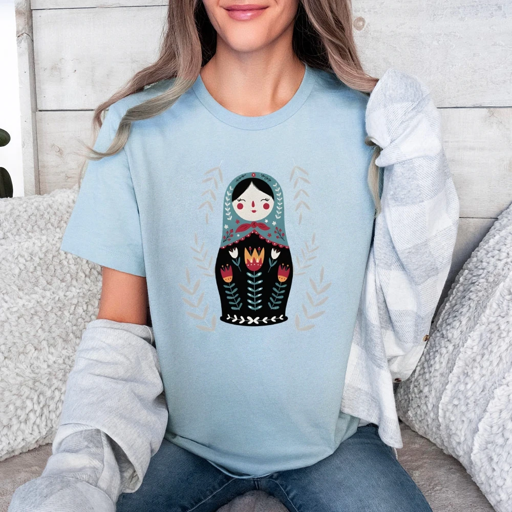 

Graphic T-shirt Floral Matryoshka T-shirt All Cotton High Quality Oversize Colorful T-shirt Leafy Doll Print Trendy Y2K Trend