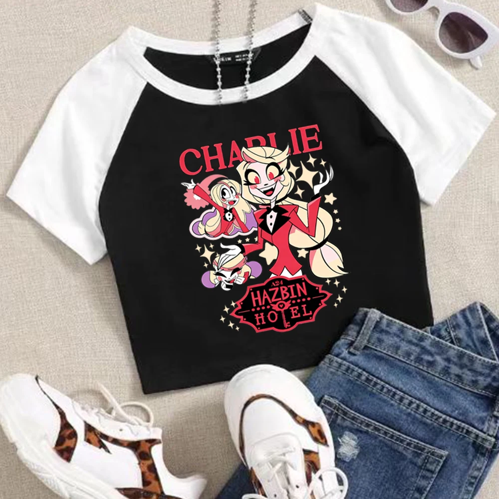 

Hazbin Hotel Charlie Crop Tops T-Shirt Girls Fashion Women O-Neck Short Sleeve