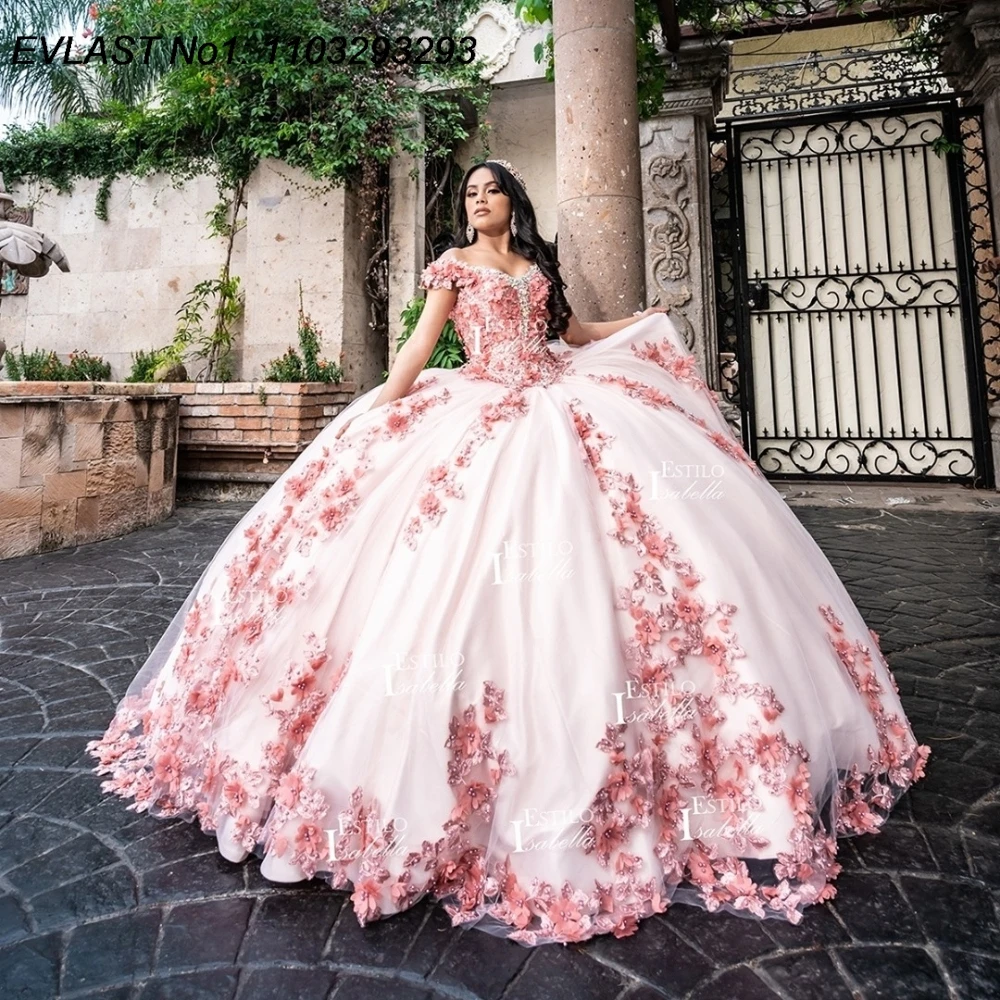 

EVLAST Customized Shiny Pink Quinceanera Dress Ball Gown 3D Floral Applique Beading Corset Sweet 16 Vestido De 15 Anos E1Q220