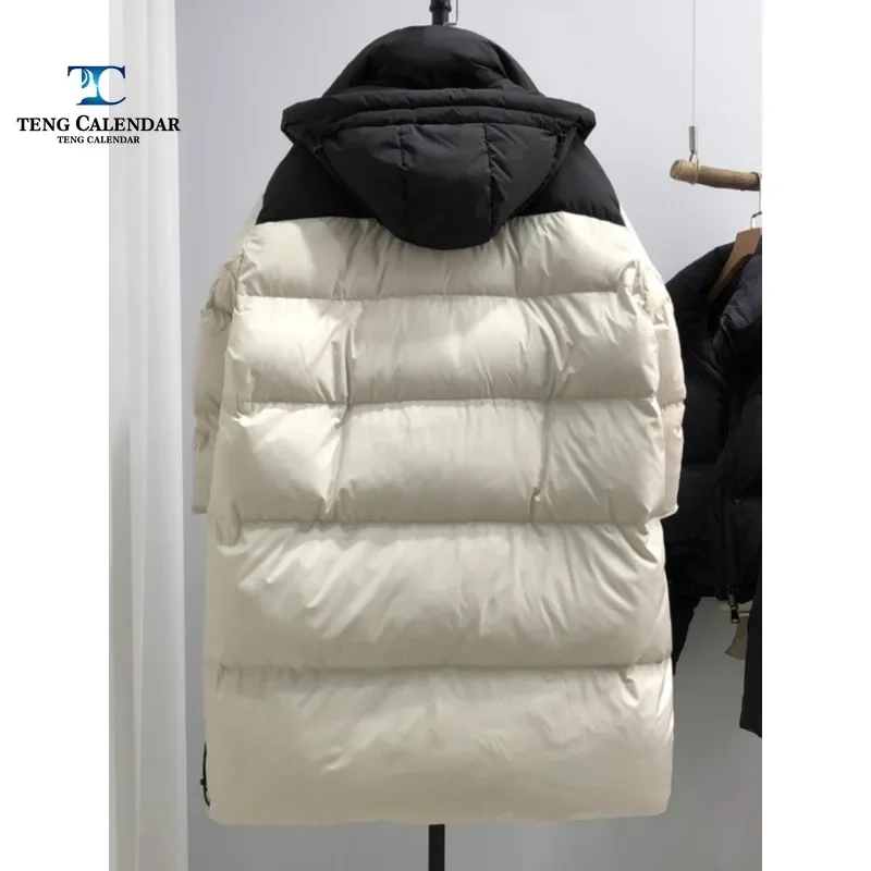 Winter Down Jacket, Knee Thick Loose Korean Contrast Goose Down Couple Warm Jacket, 2024 New Model