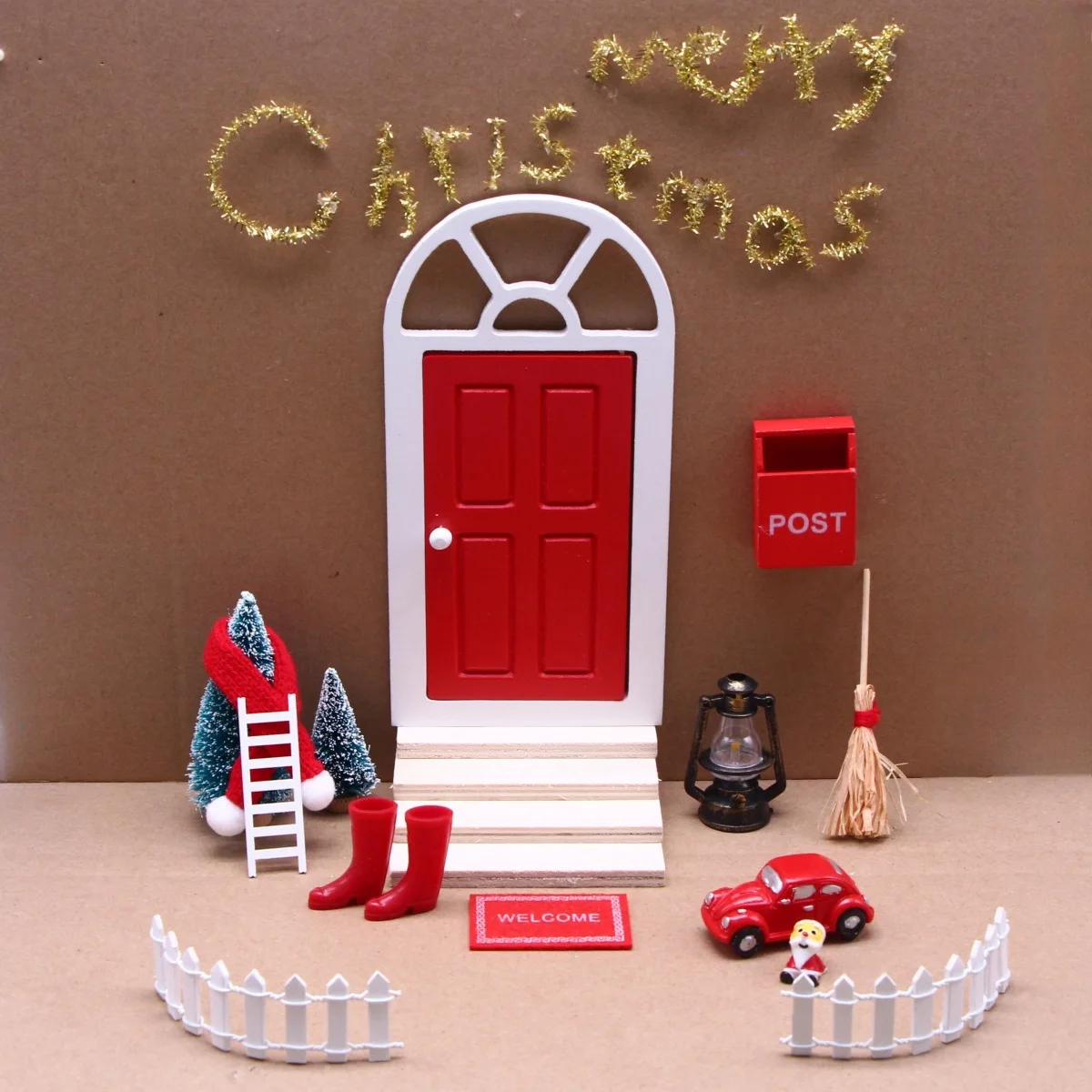 Cross-border doll house mini Christmas set, miniature scene simulation car accessories BJD wooden elf door