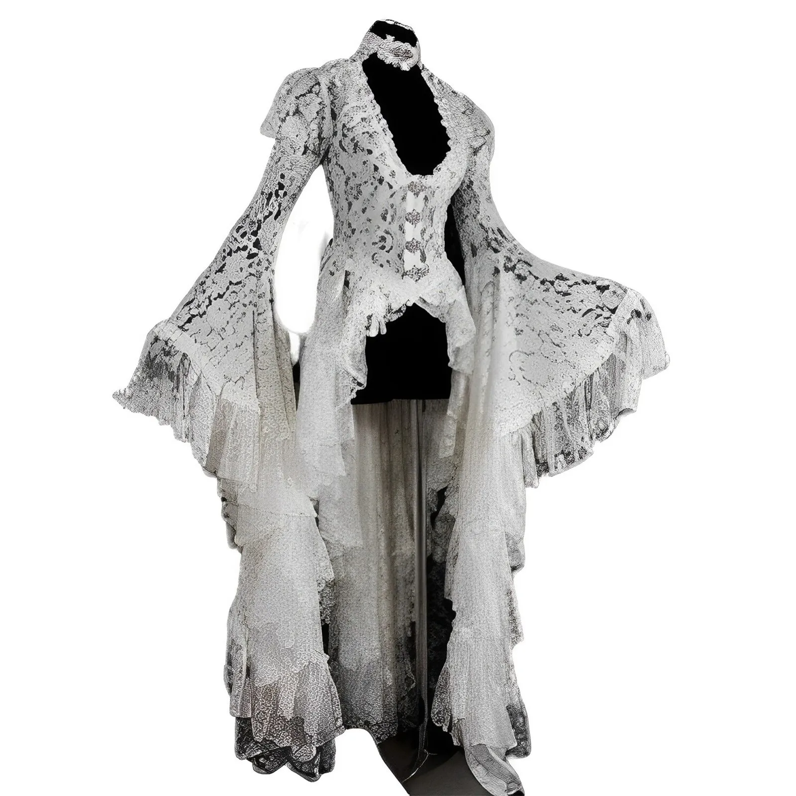 Halloween White Vintage Solid Lace Flare Sleeve Medieval Cardigan Cosplay Elegant Long Tail Pleated Outwear Victorian Ball Gown