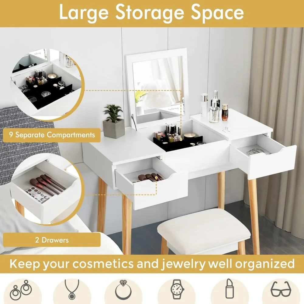 Vanity Set with Flip Top Mirror, 2 Drawers and 9 Storage Compartments, Removable Dividers, Cushioned Stool, Writing Desk