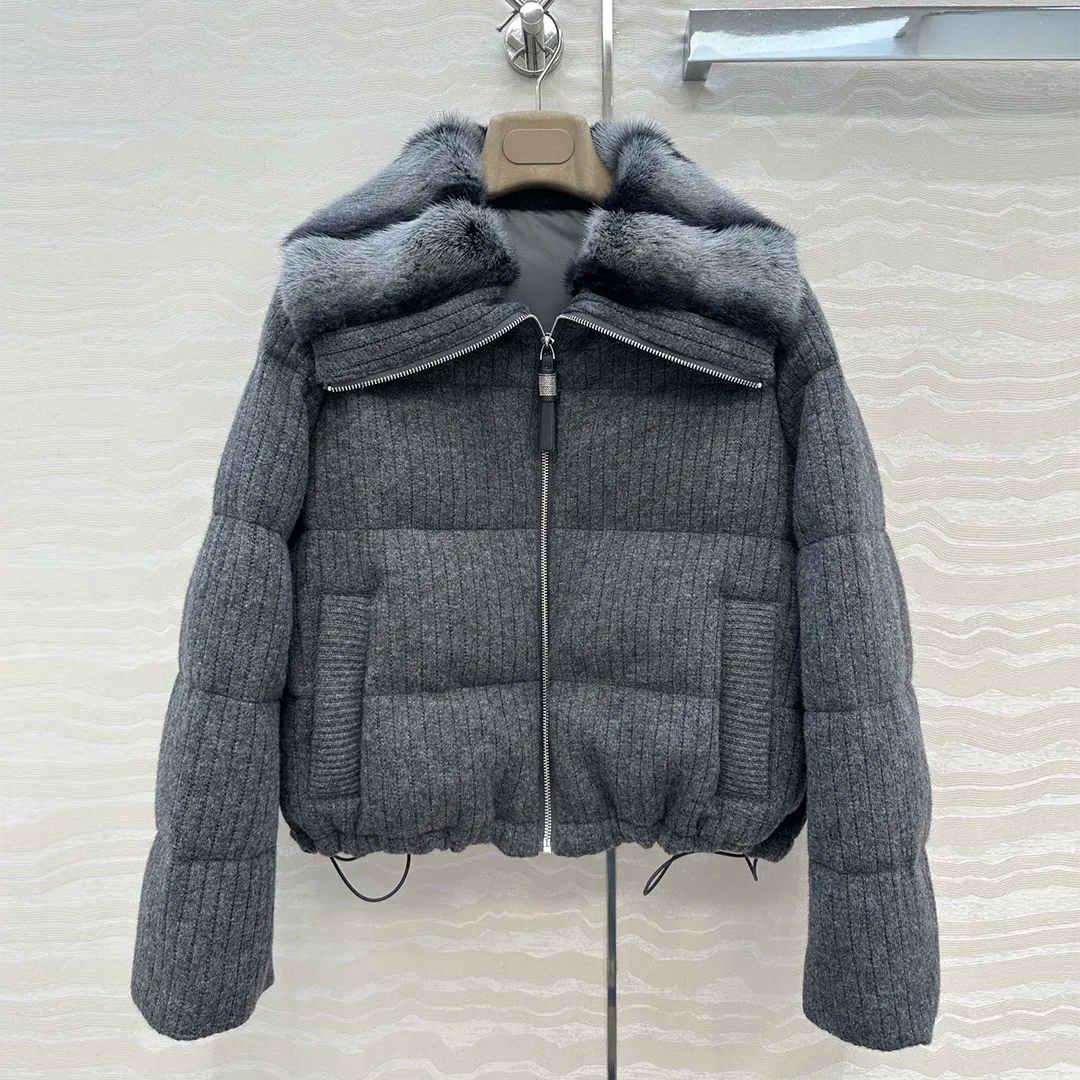 

Old Money Style Winter Thick White Goose Down Coat Women Luxury Mink Fur Lapel Zipper Long Sleeve Wool Cashmere Knitted Jacket