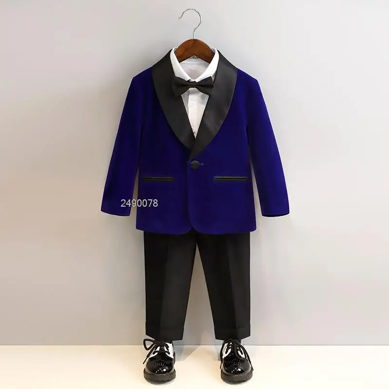 Kids 1 Year Birthday Dress Baby Boys Purple Velvet Blazer Jacket Pants Photograph Suit Children Wedding Performance Evening Wear