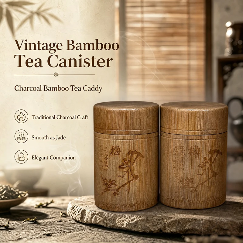 Vintage Bamboo Tea Storage Box Chinese Carved Tea Canister Lid Seal Kitchen Storage Jars Accessories Spice Box Case Organizer