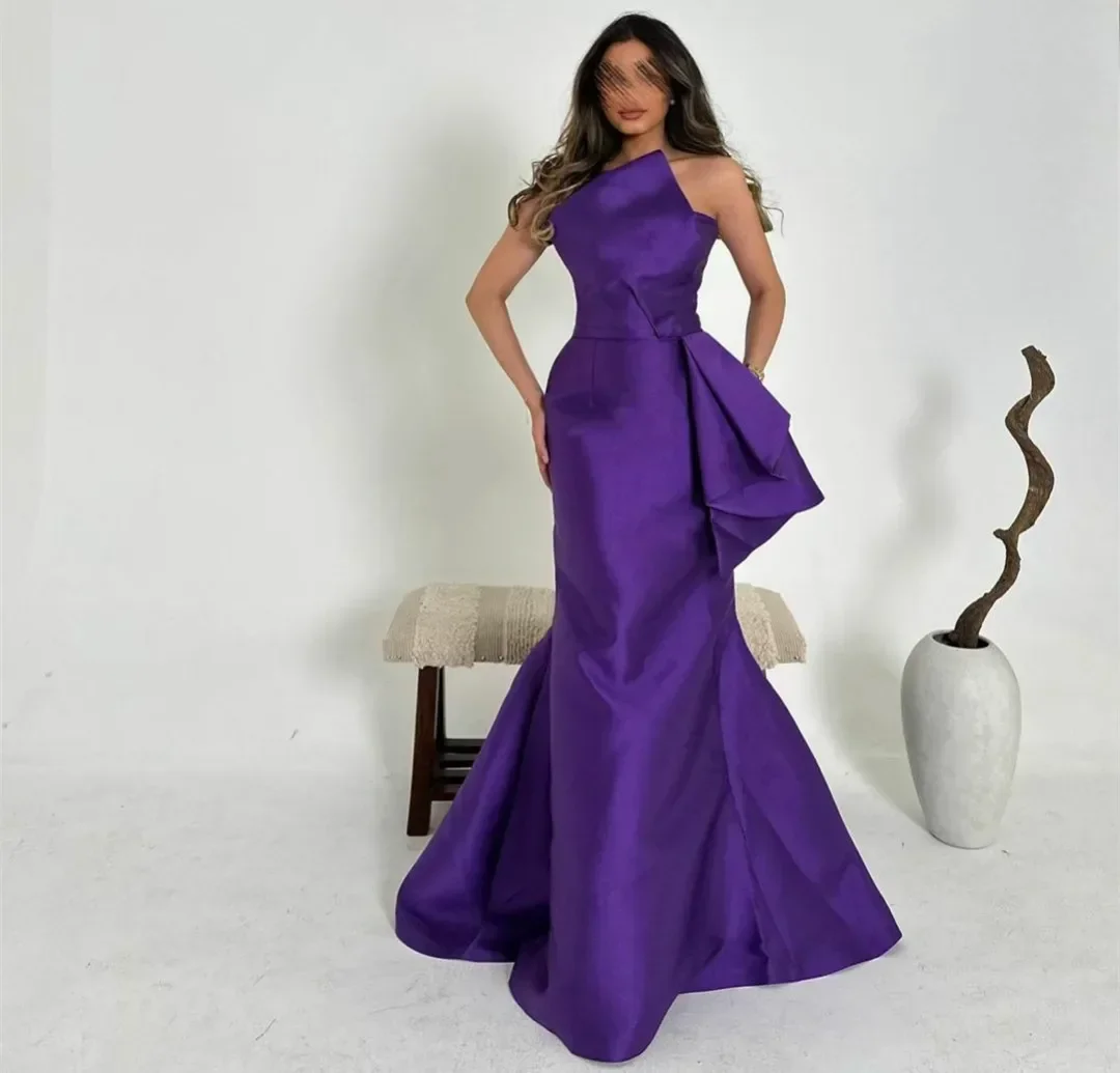 Customized Elegant Long Purple Strapless Evening Dresses with Ruffles Mermaid Floor-Length Sweep Train Prom Dresses for Women