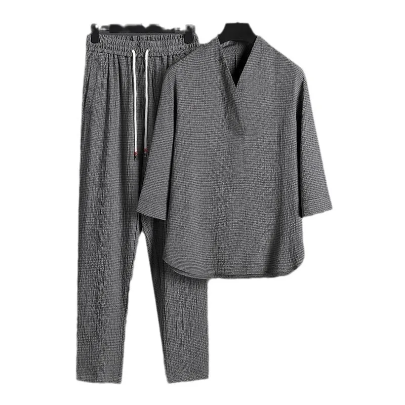 Casual Ice Silk Drape Chinese Style Men's Thin T-shirt Men's Short Sleeved Shirt Summer Loose Oversized Tang Suit Two-piece Set