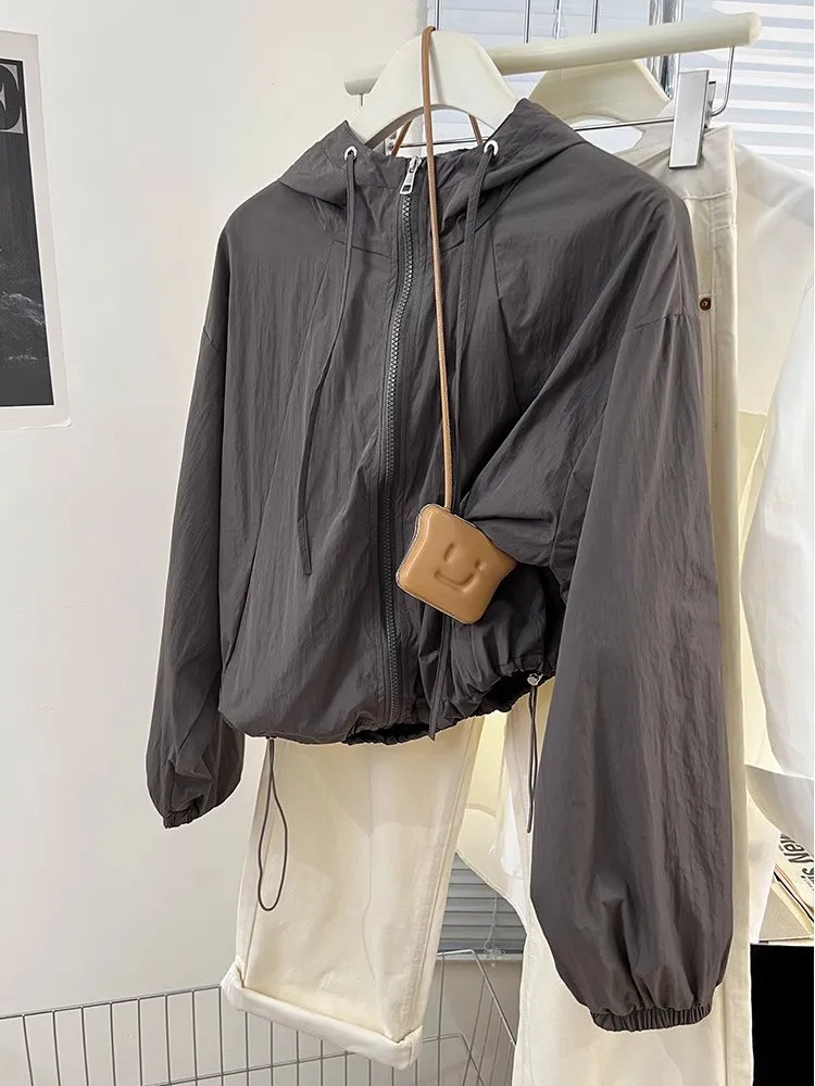 SMVP White Hooded Women's Jack Summer Design Sensation American Retro High-End Feeling Windbreaker Outerwear Breathable Long Sve