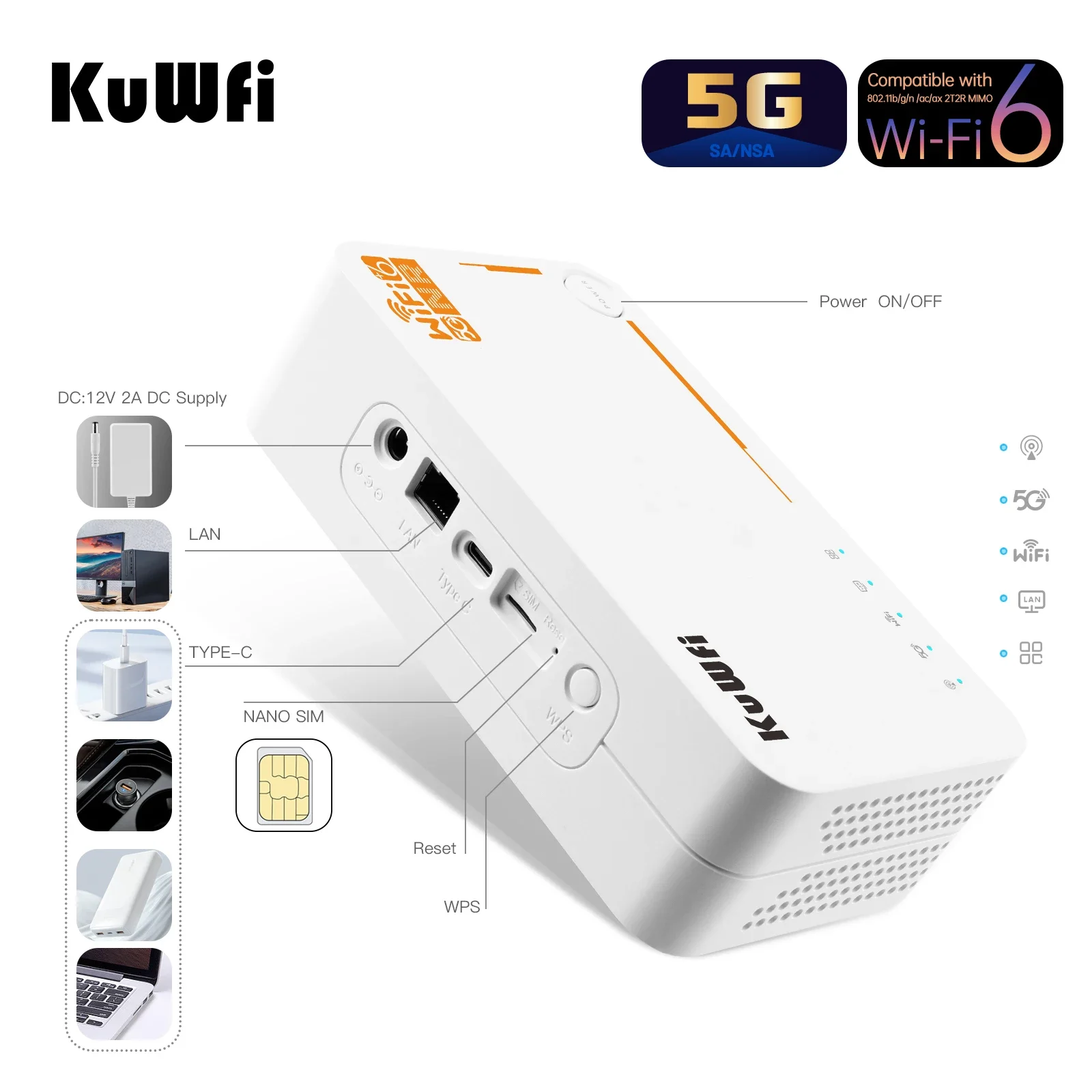 KuWFi-Routeur WiFi C160 6 CPE Portable, 3000Mbps, 4000mAh, Prise en Charge de Toutes les Sim, 5G, 128 Utilisateurs