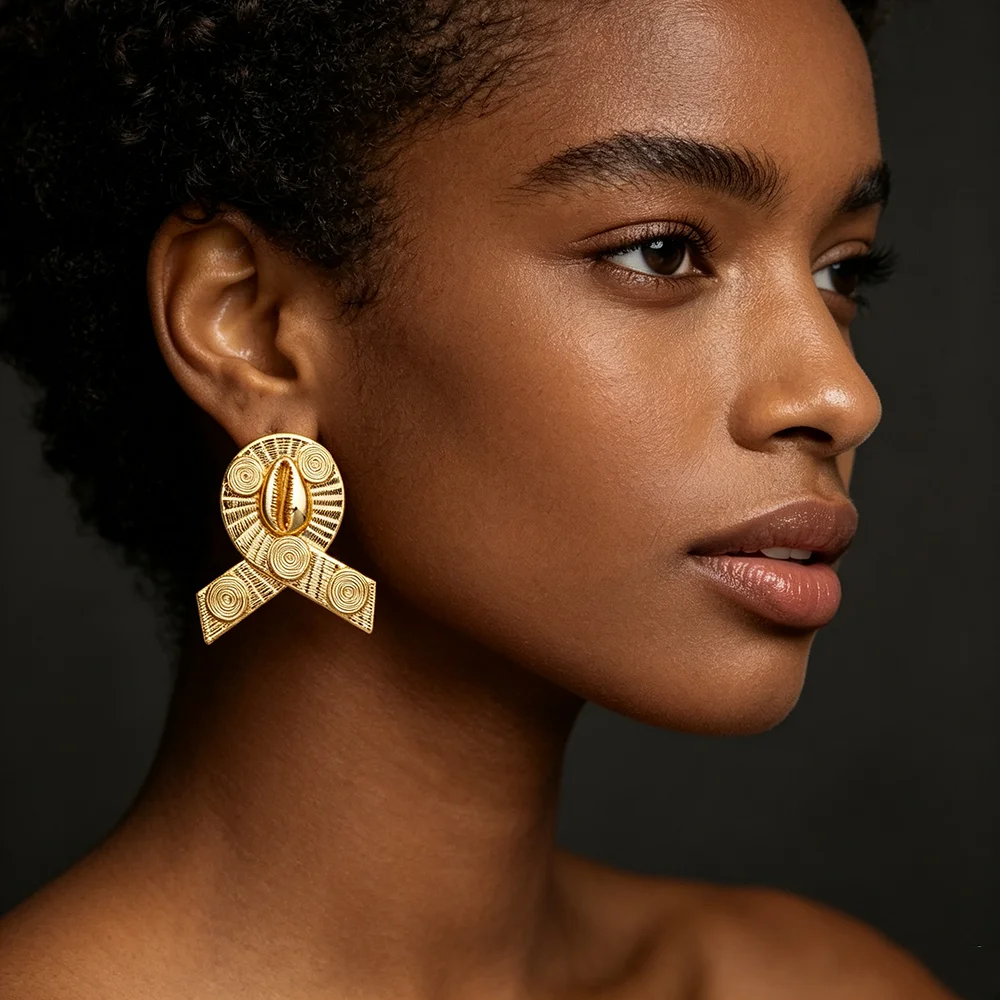 Luxuriöses 18K vergoldetes Muschel-Ohrringe- und Ring-Set für Damen, luxuriöse Hochzeits- und Party-Accessoires, Geschenk für die Braut. – Detail 5