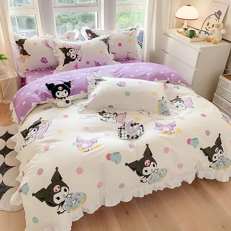 Sanrio Kuromi Cinnamoroll My melody Korean version sweet cartoon lace style pure cotton bed sheet quilt cover three-piece set