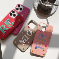 Personalised Initial letter Pebble Grain Leather Blos Case for iphone 11 12 14 13 15 Pro Max XS XR 14Plus Covers Flowers