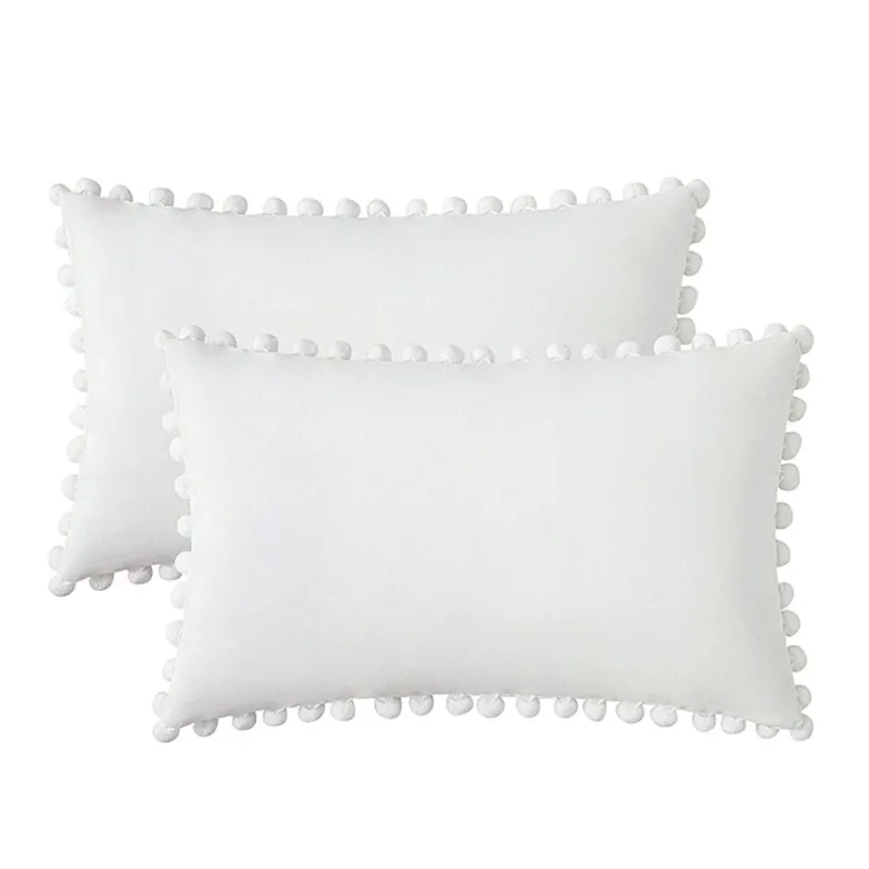 Weißer nordischer holländischer Samt-Kissenbezug, Pompons, Kanten, solider, ultraweicher Samt-Kissenbezug, Sofa, Couch, Lendenkissen, Heimdekoration