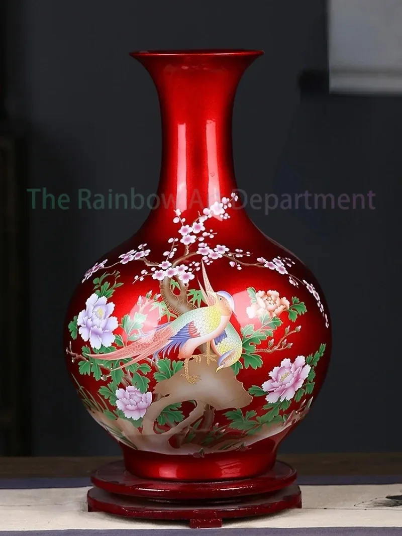 Red Porcelain Crystal Glaze Flower Vase Chinese Home Decoration for Living Room Bedroom Office Study Wedding Housewarming Gift