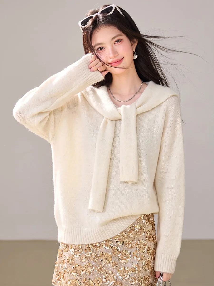 Soft Knitted Long Sleeve Sweater with Bow Tie Loose Fit V-Neck Women's Autumn Fashion Casual Warm  Color Knitwear