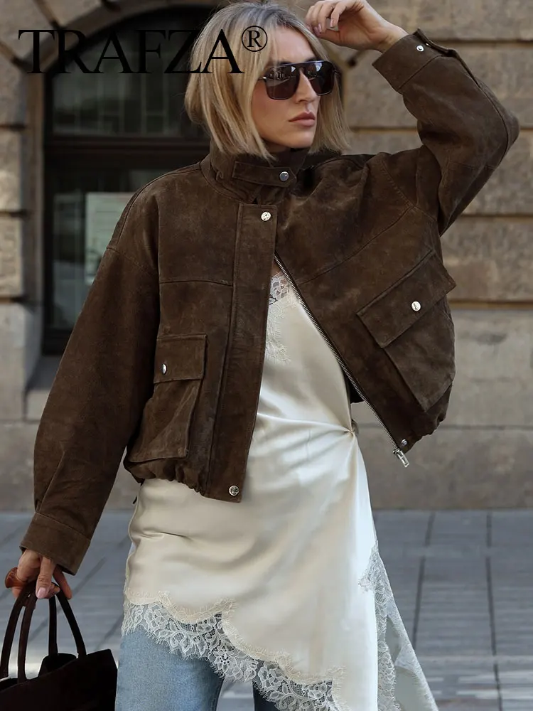 

TRAFZA Vintage Women's Suede Jacket Solid Lapel Zipper Long Sleeves Pockets Coat 2025 Autumn Casual High Street Lady Outwear