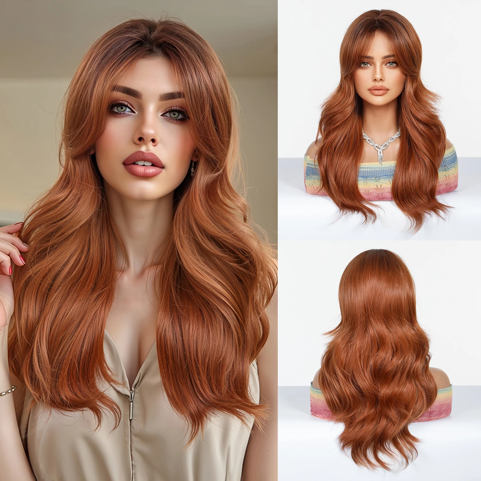 

Copper Red Brown Synthetic Wigs Long Wavy Hair Wig with Long Bangs for Women Cosplay Party Natural Hair Heat Resistant Fiber
