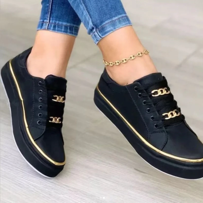 Zapatos vulcanizados de talla grande para mujer, zapatillas bajas con plataforma de estilo deportivo, de cuero, con cordones, antideslizantes, informales