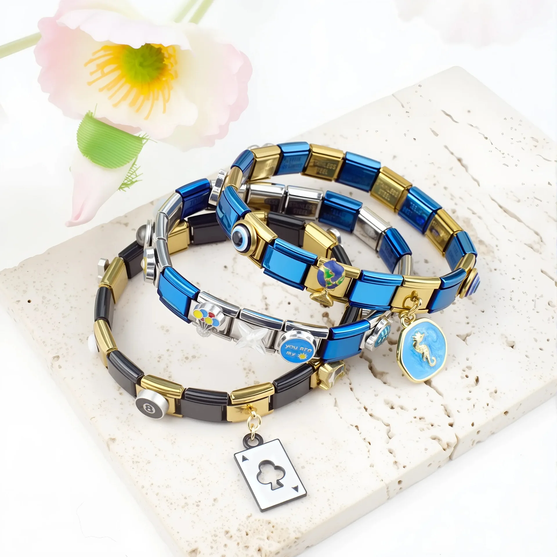For Woman Men Fashion Gifts New Design Splicing 9mm Italian Charm Module Stainless Steel Bracelets DIY Jewelry Watch Strap Chain