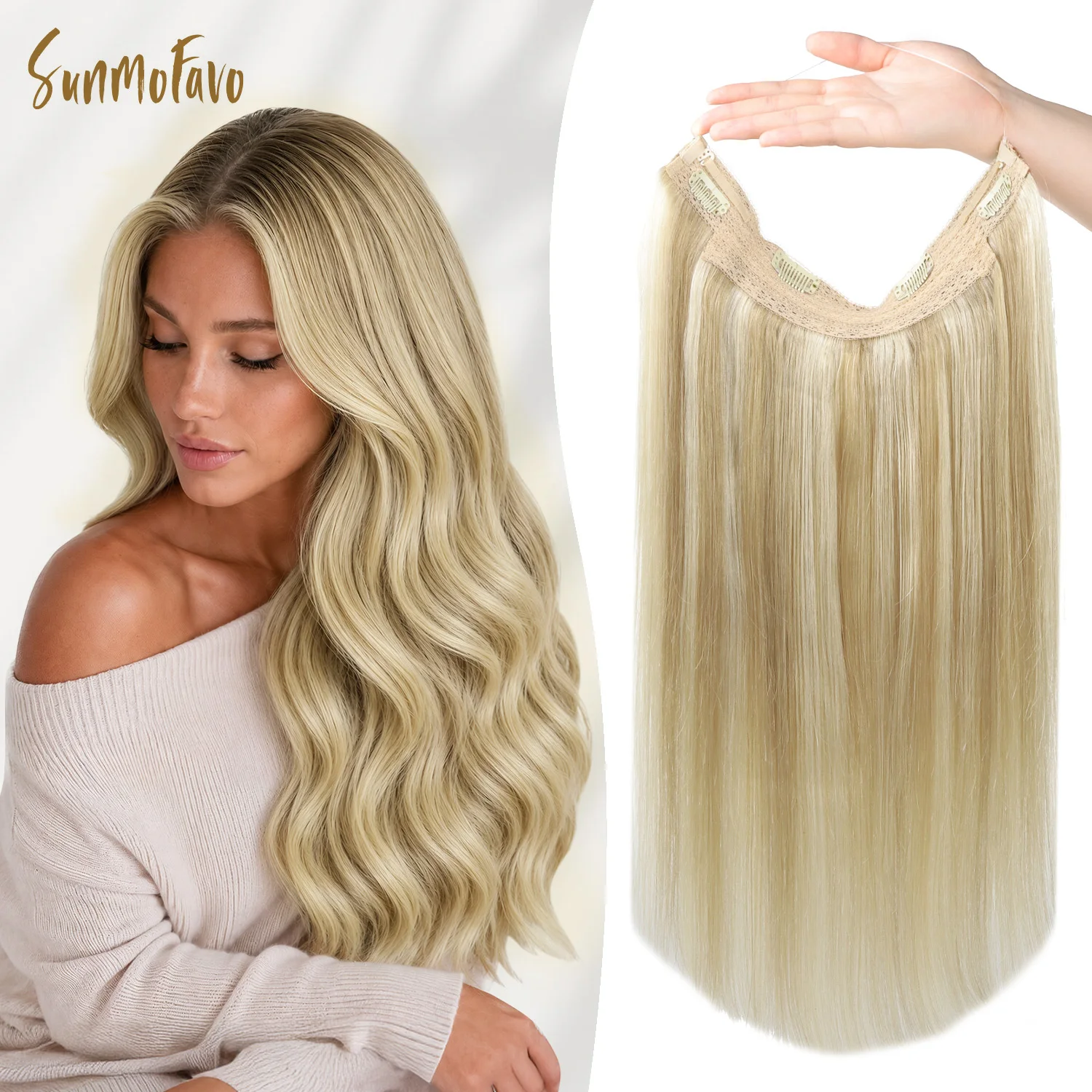 Sunmofavo Halo Hair Extensions 100% Remy Human Hair Transparent Invisible  Golden Blonde Wire In Extensions with 4 Anti-slip Clips Instant Volume for Festival Looks