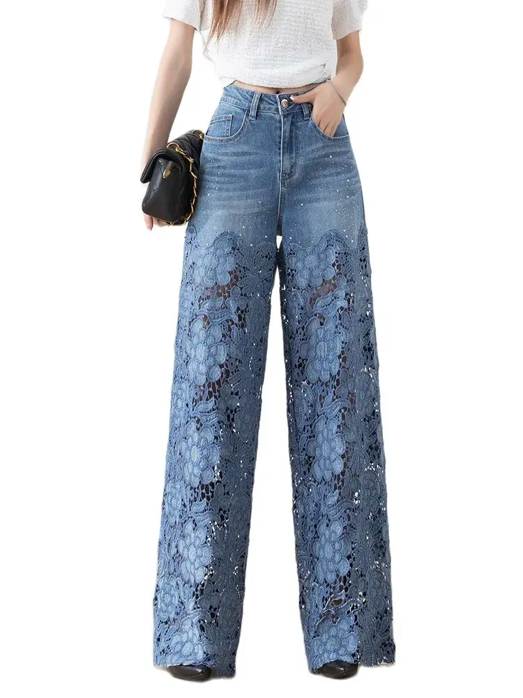 

Stylish Hook Flower Hollow Out Embroidered Jeans Women 2023 Fashion High Waist Wide Leg Straight Denim Pants Streetwear y2k