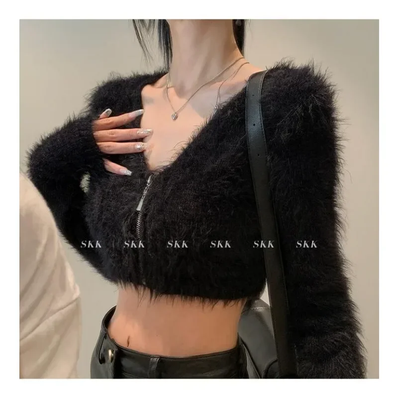 

Fluffy Cropped Cardigan Faux Mink Y2k Coat Sweater Women V-neck Zipper Knitted Cardigan Long Sleeve Tops Trend Streetwear Slim