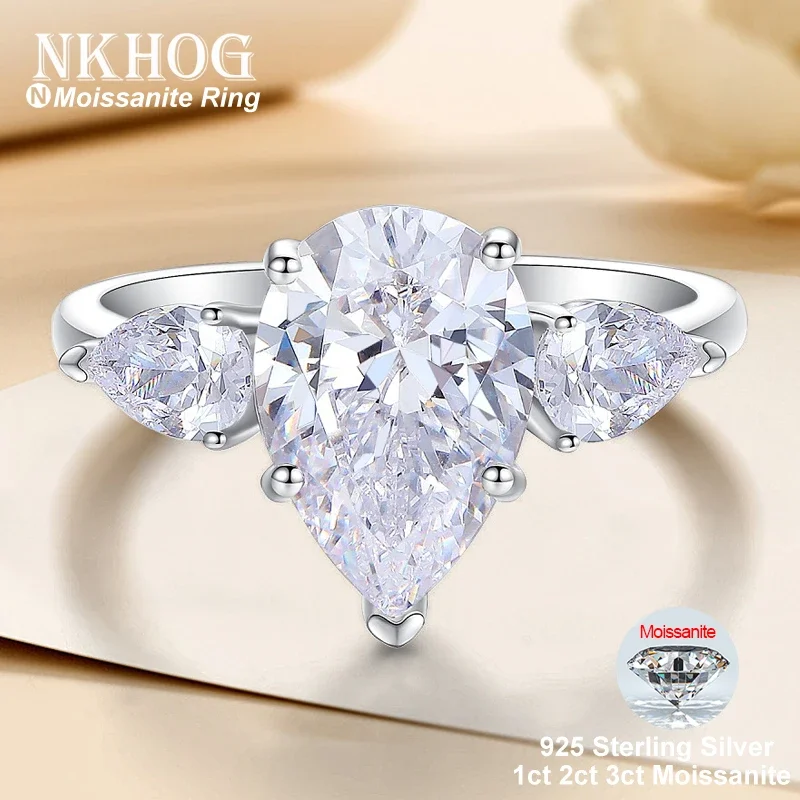 

NKHOG 3ct Moissanite Pear Cut Ring S925 Silver Plated 18k Gold Women Water Drop Eternity Rings Gifts Test Positive Fine Jewelry