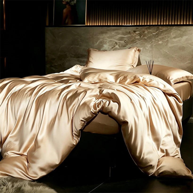 Solid 100% Silk Bedding Set with Duvet Cover Flat Bed Sheet Pillowcase Luxury Mulberry Silk Bedsheet Bed Linen Soft Quilt Cover