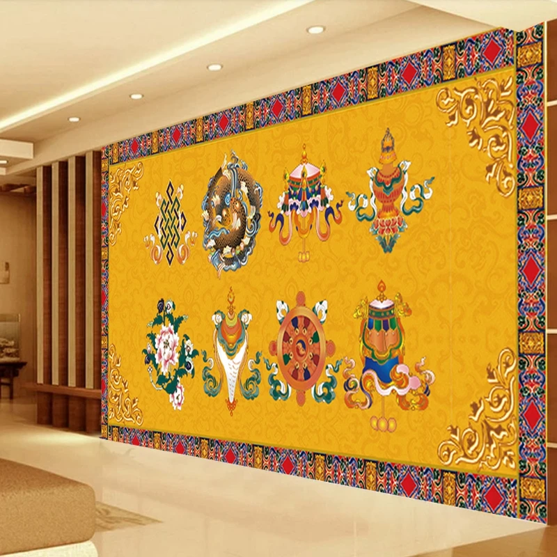 Customized products 3D Golden auspicious eight treasures wallpaper Buddha Hall Buddha statue Tangka buddhism tibetan mural 3 D