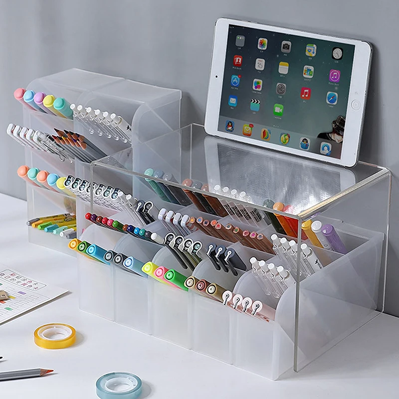 Multifunktionale Aufbewahrungsbox für Schreibwaren, Desktop, transparent, gefrostet, Stifthalter, geneigte Aufbewahrungsbox für Make-up-Pinsel, Lippenstift