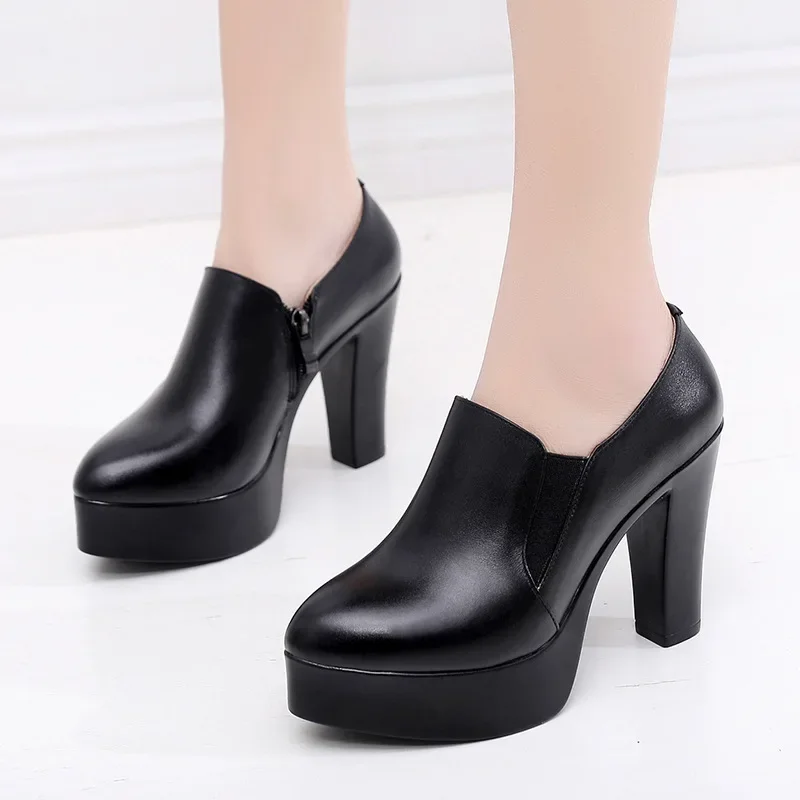 Deep Mouth Platform Pumps Block Heel Shoes 2023 Fall Split Leather Shoes Women High Heels Office Party Shoe 41 42 43