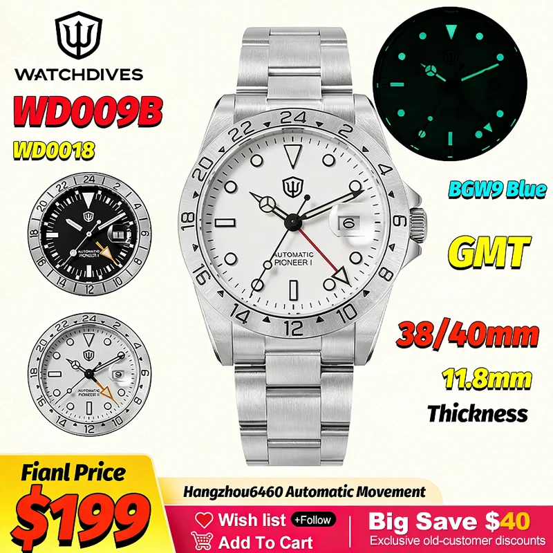 

Механические часы Watchdives WD009B WD16570B GMT с автоподзаводом, механизм Hangzhou6460, сапфировое стекло AR, люминесцентные, водонепроницаемость 100 м