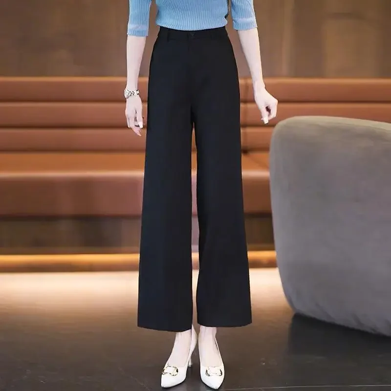 Women\'s Clothing Spring Autumn Solid Color Button Zipper High Waist Pockets Casual Formal Trouser Suits Trousers Commuter Pants