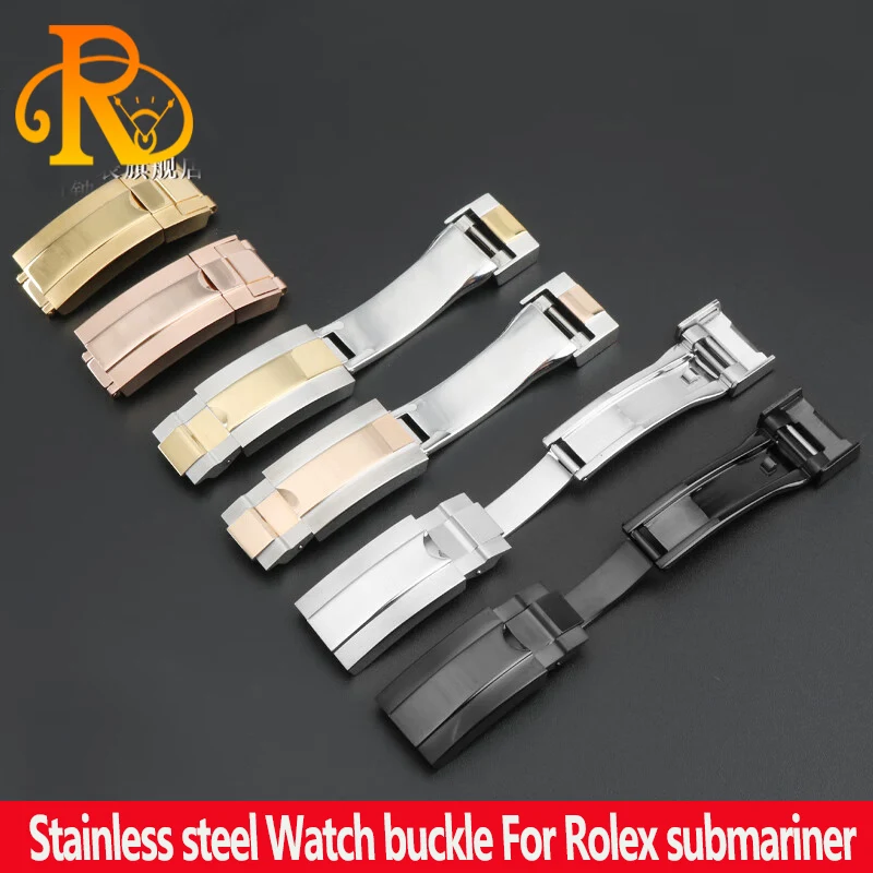 مشبك ساعة من الفولاذ المقاوم للصدأ 16 ملم لآلة رولكس الغواصة باللون الفضي والأسود والذهبي الوردي للرجال والنساء بإبزيم قابل للطي وإكسسوارات الساعة