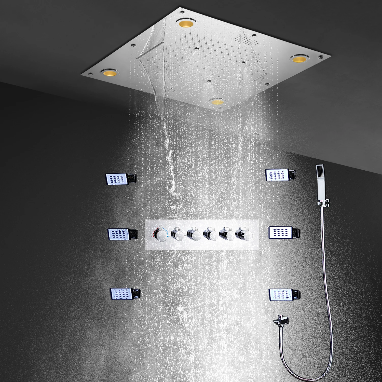 hm High Quality Bathroom LED Shower Set Bluetooth Music Shower Head Waterfall Rainfall Thermostaic Faucets System Massage Jets