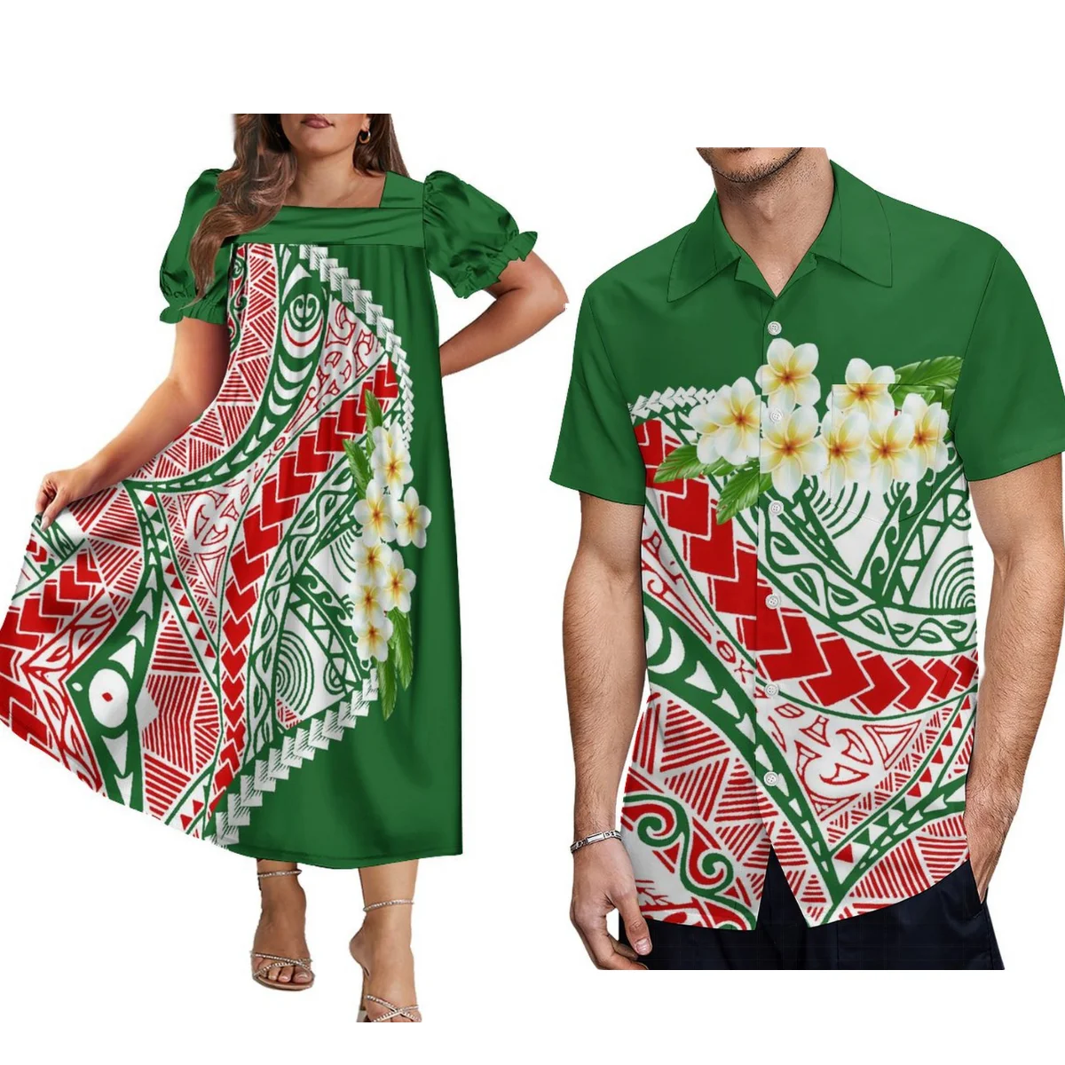 2025 Christmas Red Green Floral Print Beach Party Long Dress Samoan Ethnic Women Mumu Dress Men'S Shirt Polynesian Couple Suit