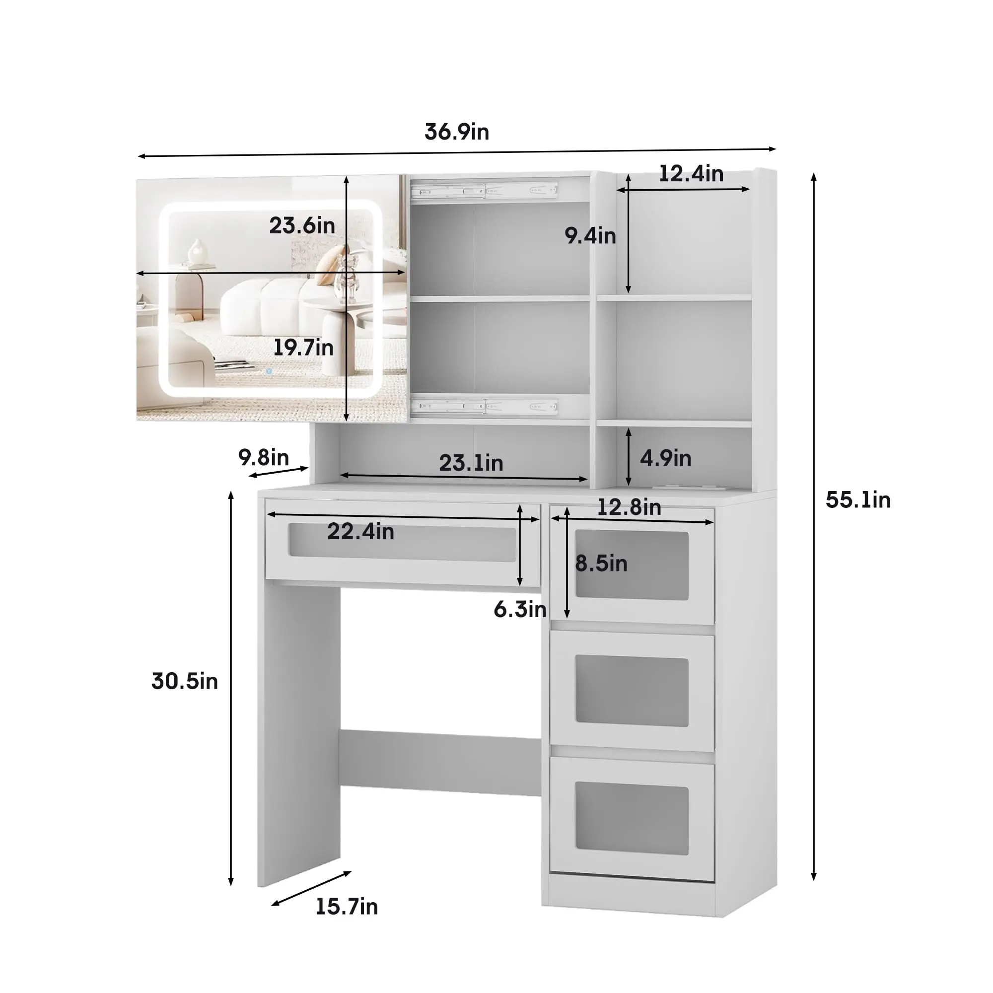 Vabches Vanity Desk with Sliding Mirror and RGB Lights Wood Makeup Table with 4 Drawers&Power Strip Bedroom Vanity Set Furniture