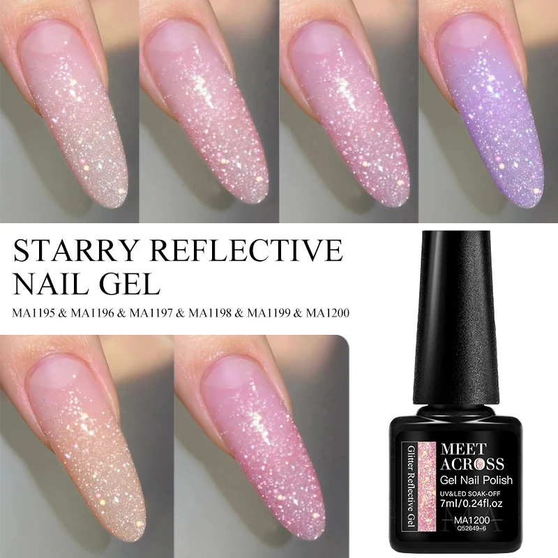 MEET ACROSS Starry Reflective Gel Nail Polish 7ml 6 Colors UV LED Soak Off Sparkle Glitter Long Lasting Nail Art