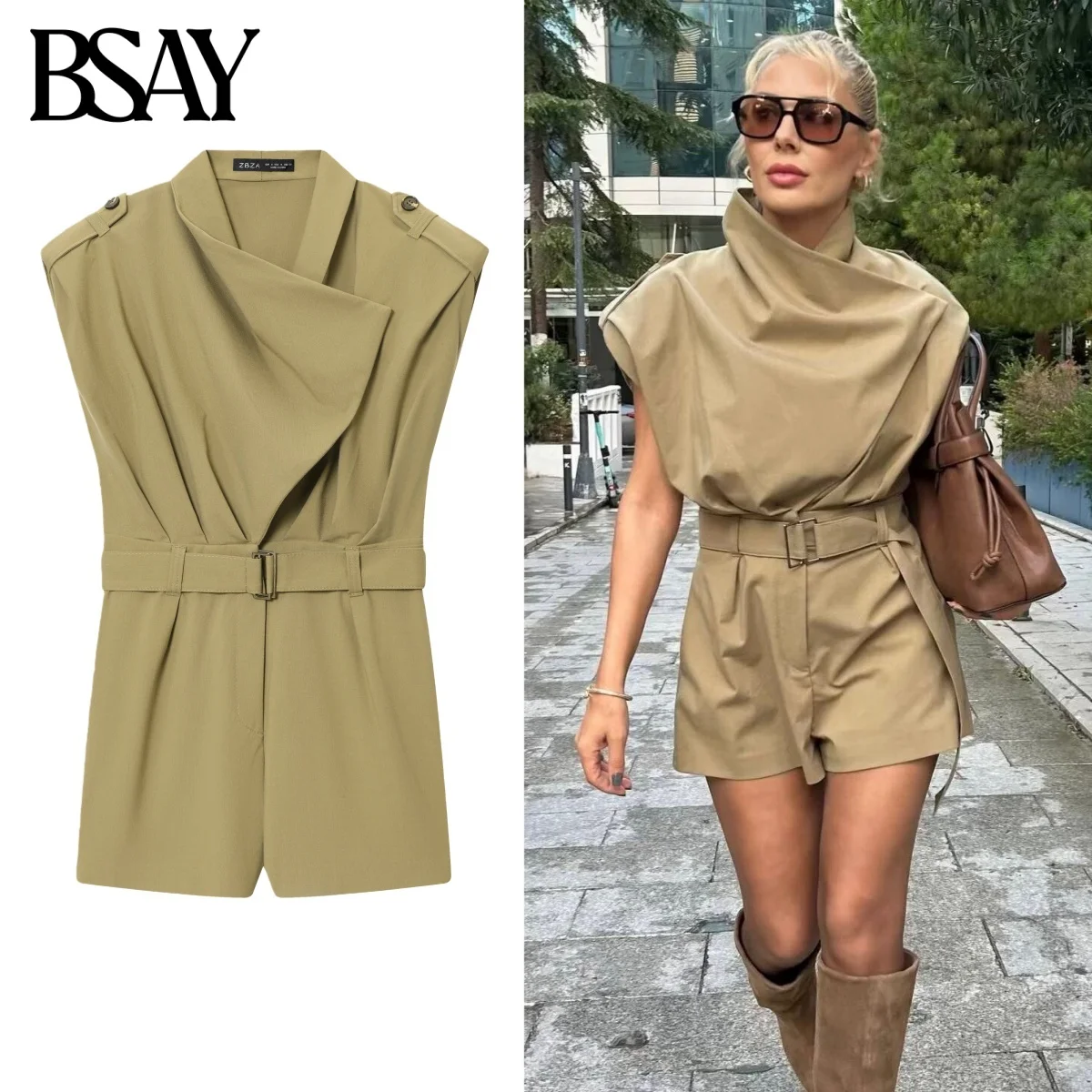 

BSAY Belt Jumpsuit for Women Fashion Autumn Winter Solid Sleeveless Color Pleated Buckle Shorts Romper Chic Female Tops Mujer