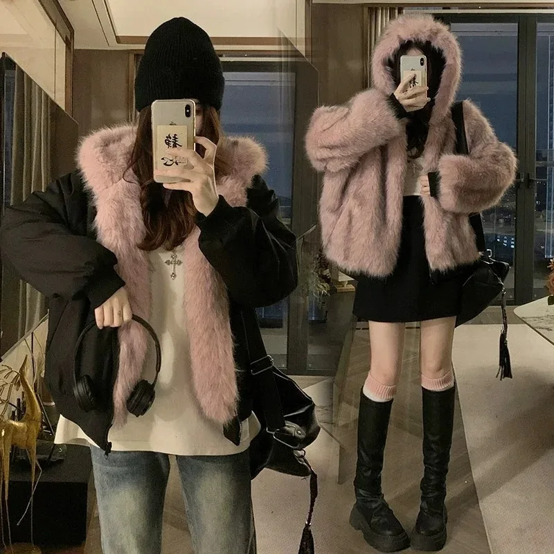 

Double Sided Winter Coat Women Clothing Imitation Mink Fur Fur Hooded Cotton Jacket Female Warm Cotton-padded Clothes Outerwea
