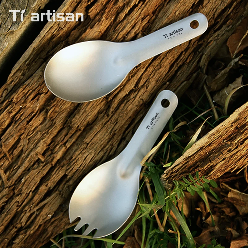 Tiartisan – petite fourchette ultralégère en titane pur, cuillère, couverts d'extérieur, Camping pique-nique, cuillère Portable avec sac de rangement
