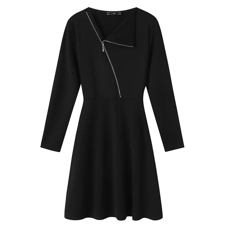 

Spring oversized women's V-neck waist cinched small black dress with long sleeves and slightly chubby bodycon dress