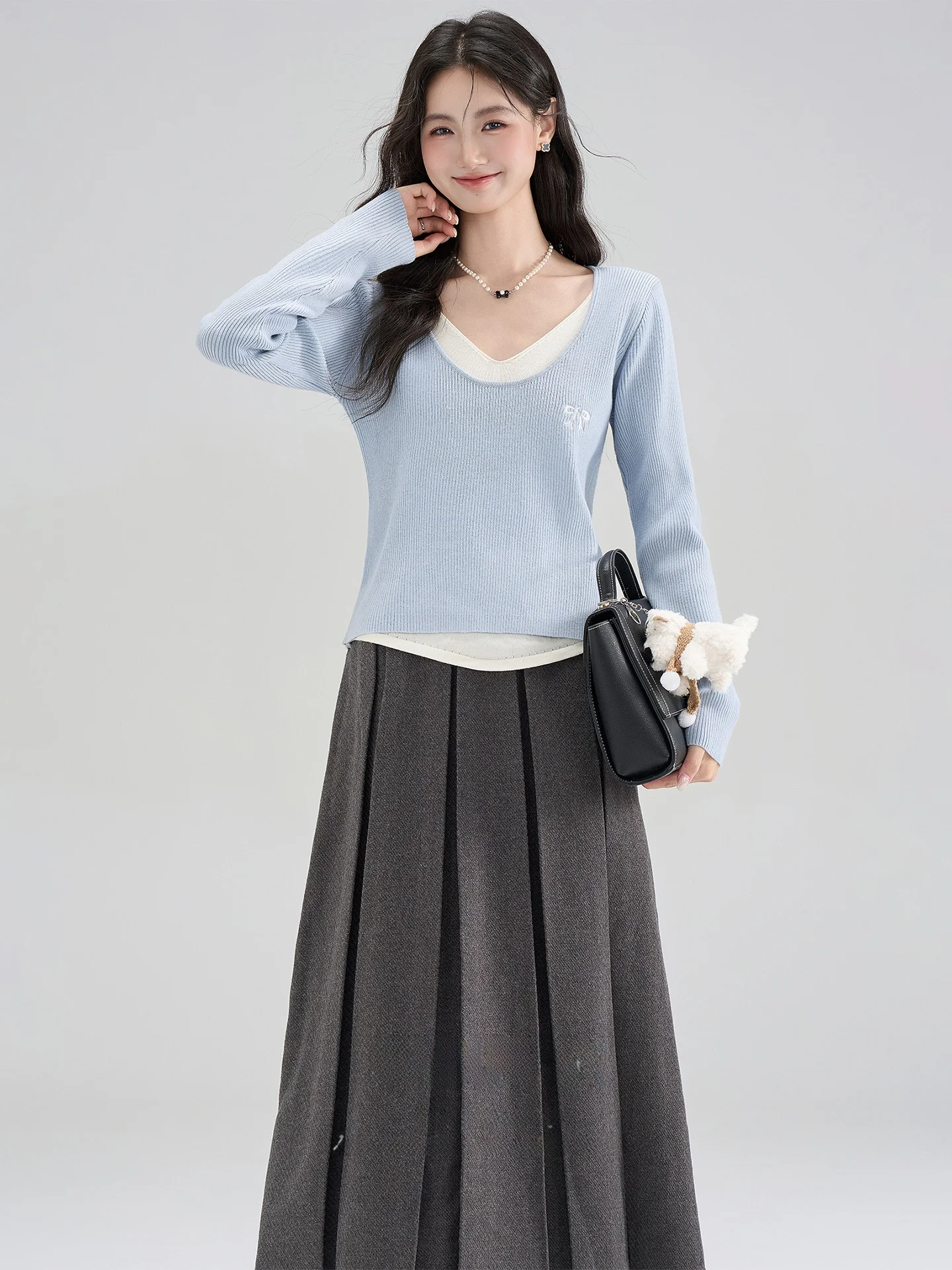 

Korean Sle Women's Knitted Top And Skirt Set Early Spring Faion Casual High Waist V-Ne Long Sve Mid-Thi Winter Wear