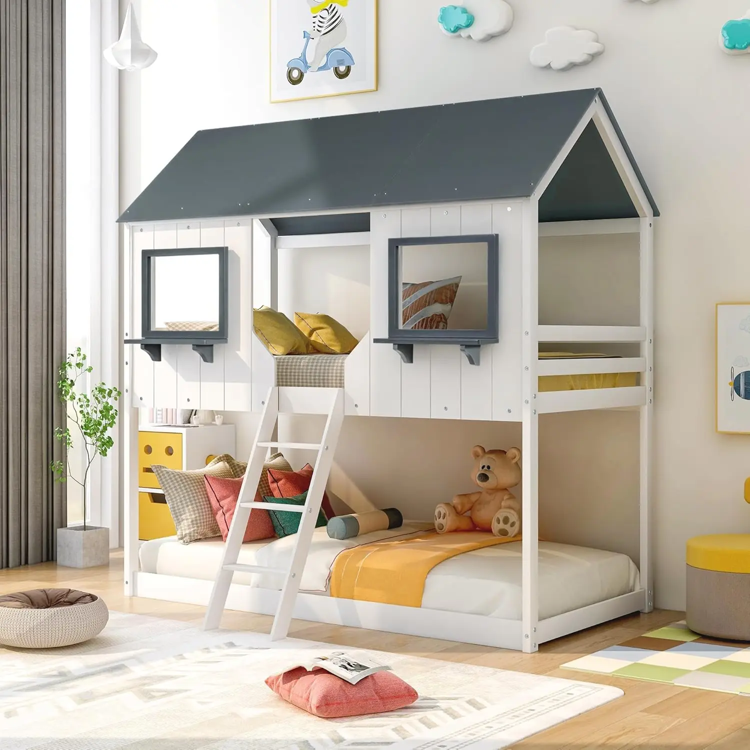 

Merax House Shaped Solid Wood Bunk Bed with Roof, Window, Guardrail and Ladder for Teens, Girl or Boys, White