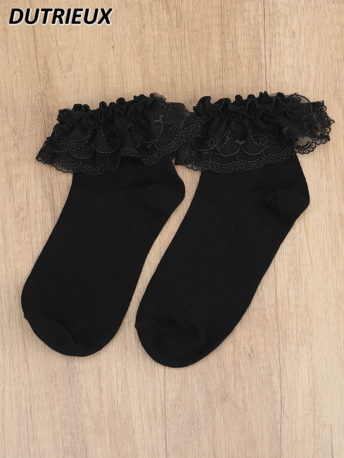 Lolita Japanese Style Sweet Cute Solid Color Women's Hosiery Wings Cross Double Layer Lace Middle Tube Cotton Socks Female