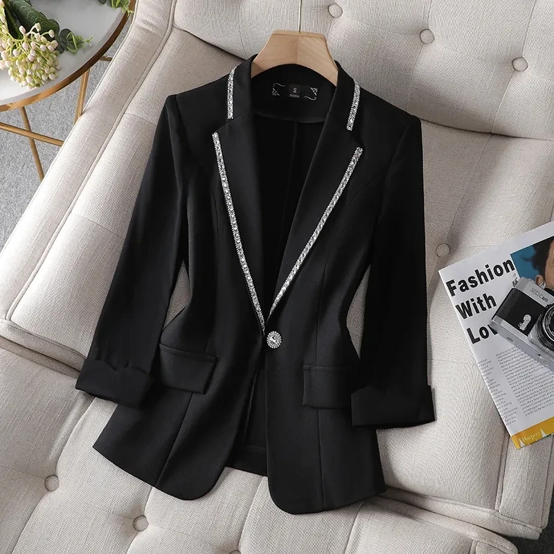 Blazer de primavera para mujer, chaqueta de traje de verano para mujer, abrigo de moda de manga tres cuartos, traje con tachuelas de diamantes,