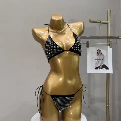 Sparkling Rhinestone Backless Triangle Bikini Set High Stretch Sexy Swimsuit Tie Women's Swimwear