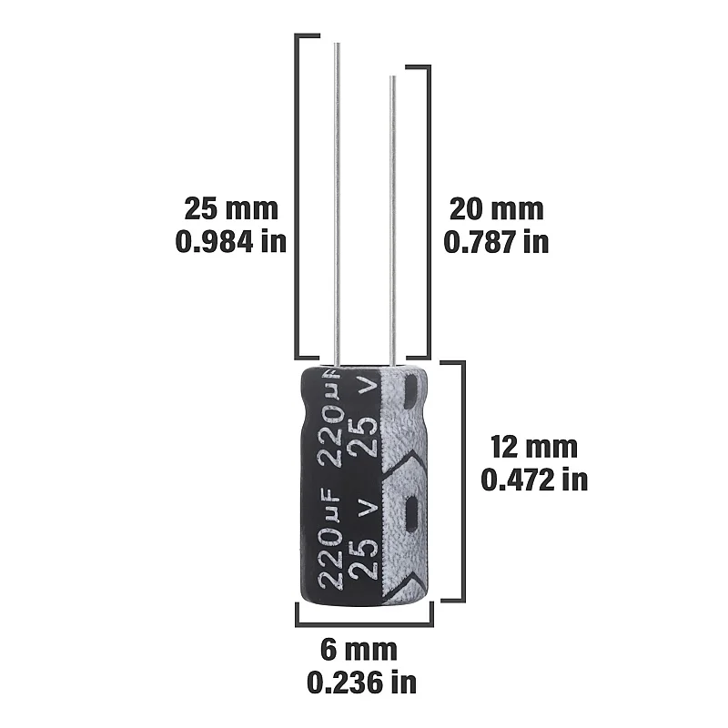 220uF 25V Capacitor 220μF 25Volt Aluminium Electrolytic Capacitor 6 x 12mm Electrolytic Capacitors 220uF MFD 105°C (Pack of 15)
